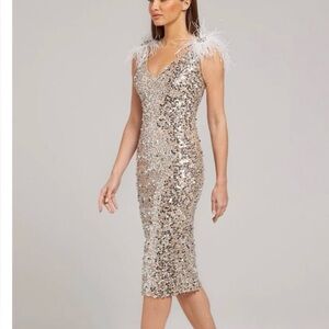 NADINE MERABI Gold Sequin Midi Dress
